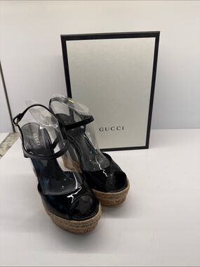 Gucci Black Patent Leather Platform Espadrille Wedges